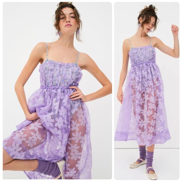 For Love & Lemons NWT Villegas Purple Sheer Floral Appliqué Midi Dress Small - Picture 1 of 16